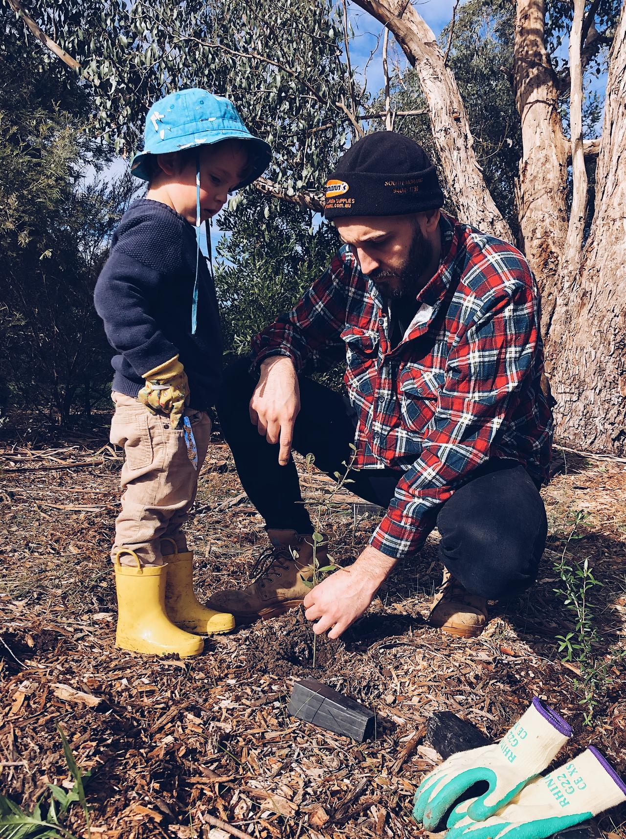 Vater pflanzt Baum mit Sohn